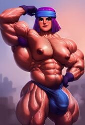 abs ai_generated ambush_(trap) armpit_hair bulge chest_hair clash_(series) clash_royale extreme_muscles firecracker_(clash_royale) futa futanari genderswap genderswap_(ftm) hairy_armpits hairy_arms hairy_chest muscular muscular_futanari muscular_male purple_hair rule_63 sewoh solo