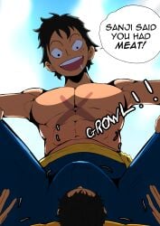 2boys abs black_hair bulge dialogue erection erection_under_clothes facesitting giant homiesexual_(artist) larger_male macro male male_focus maledom malesub micro monkey_d_luffy one_piece rumbling_stomach size_difference smaller_male solo_focus tenting text