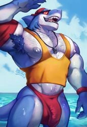 absurd_res anthro armpit_hair body_hair bulge clothing darkoz_panda detailed_bulge digital_drawing_(artwork) digital_media_(artwork) eyewear fish hat headgear headwear hi_res male marine muscular muscular_anthro muscular_male nipples outside shark shirt sunglasses tank_top teeth topwear