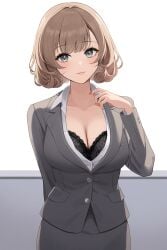 1girls ai_generated backlighting black_bra blazer bra bra_peek breasts cleavage dress_shirt female female_only gray_eyes lace_bra light_brown_hair lips looking_at_viewer novelai office_lady open_shirt original original_character short_hair simple_background skirt solo solo_female unbuttoned