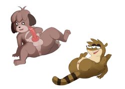 animal_crossing animal_genitalia animal_penis anthro anthrofied anus balls canine canine_penis cartoon_network crossover digby_(animal_crossing) erection flexible front_view fur furry half-closed_eyes knot legs_up lying male male_only mammal multiple_images nintendo nude on_back open_mouth penis raccoon reclining regular_show rigby seyrmo sheath smile spread_legs spreading unsure