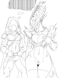 1boy 1girls alien alien_girl big_breasts black_and_white bottomless bottomless_female breasts bungie cleavage_cutout clothed clothing dare_to_exist destiny_(game) destiny_2 english_text female female_focus green_eyes guardian_(destiny) hi_res hive_(destiny) hive_guardian hive_wizard hunter_(destiny) large_breasts light-skinned_female light_skin looking_at_another male solo_female tagme temptation text text_bubble thick_thighs thighhighs thighs