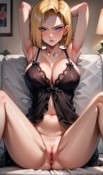 2d 2d_(artwork) 2d_artwork ai_generated android android_18 android_girl armpit armpits black_lingerie blonde_female blonde_hair blonde_hair blonde_hair_female blue_eyes bottomless clitoral_hood clitoris comfyui couch couch_girl couch_sitting dragon_ball dragon_ball_gt dragon_ball_super dragon_ball_z female female female_focus female_only hands_behind_head hands_behind_own_head innie_pussy labia labia_majora labia_minora lace_lingerie legs legs_apart legs_open legs_spread lingerie lingerie_only negligee no_panties photosession photoshoot pink_vagina posing posing_for_picture posing_for_the_viewer pussy pussy_focus ribbons serious_face serious_look shaved_armpit shaved_armpits shaved_crotch shaved_pussy short_hair sitting_on_sofa stable_diffusion vagina vulva vulva_line woman_focus woman_only