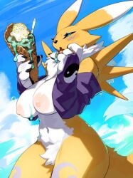 1girls 2024 4_fingers anthro areola bandai_namco beach big_breasts black_sclera blue_eyes blush breasts cloud countershade_torso countershading crotch_tuft day dessert digimon digimon_(species) female female_only fingers food fur fur_markings furry hi_res holding_food holding_ice_cream holding_object ice_cream ice_cream_cone ice_cream_drip ice_cream_on_breasts kame_3 large_breasts looking_at_viewer markings narrowed_eyes navel neck_tuft nipples nude open_mouth outside renamon side_view sky solo tail tongue tongue_out tuft two_tone_fur white_fur yellow_body yellow_fur yellow_tail
