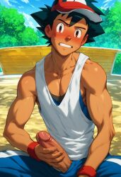 abs ai_generated balls biceps big_balls big_penis gay looking_at_viewer male male_only muscular muscular_male penis penis_in_hand pokemon satoshi_(pokemon) toned_body toned_male twall97