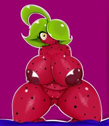 ass bed big_breasts big_butt breasts eyelashes female flora_fauna food fruit hair huge_breasts humanoid looking_at_viewer mysticaldark mysticalheroofdarkness nipples one_eye_closed plant plantie purpuradark pussy simple_background slightly_chubby smile solo thick_thighs wide_hips yellow_eyes