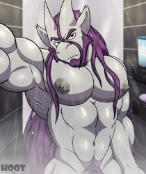 abs absurd_res anthro beard body_hair demon dg254 digital_media_(artwork) facial_hair first_person_view hair hi_res horn humanoid kabedon long_hair looking_at_viewer male mammal muscular muscular_anthro muscular_male nipples nude pecs pubes shower solo wet