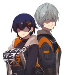 1boy 1girl 1girls belle_(zenless_zone_zero) big_breasts brother_and_sister dark_blue_hair duo female fully_clothed hinghoi jacket jacket_open short_hair short_hair_female smile wise_(zenless_zone_zero) zenless_zone_zero