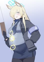 1girls big_belly big_breasts bloated_belly blonde_hair blue_archive blue_eyes blush cacaodecocoa clothed clothing coat cop dog_ears dog_girl female female_only gloves hair_over_one_eye halo kanna_(blue_archive) long_hair one_eye_obstructed police police_uniform policewoman pregnant sharp_teeth uniform