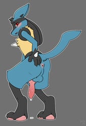 1boy animal_genitalia animal_penis anus ass big_penis black_fur blue_fur blush canine canine_penis claws erection fangs furry grey_background hand_on_ass looking_at_viewer looking_back lucario male male_only nintendo nude open_mouth pawpads paws penis pokemon pokemon_(species) pokemon_dppt red_eyes solo spikes tail teeth testicles text thick_thighs tongue video_games x03