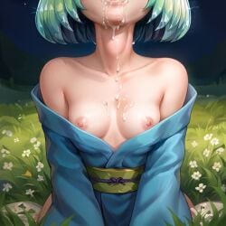 ai_generated bare_shoulders breasts_out cum cum_drip cum_in_mouth cum_in_throat cum_on_breasts cum_on_chest cum_on_chin deepthroat diamond_(land_of_the_lustrous) face_fucking grass grass_field head_out_of_frame houseki_no_kuni implied_oral kimono kimono_down kimono_open kimono_pull land_of_the_lustrous long_sleeves multicolored_hair night nipples obi off_shoulder oral oral_sex short_hair small_breasts strapless throat_fuck