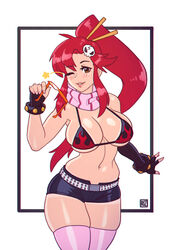 1girls big_breasts black_gloves breasts brown_eyes cleavage clothed clothed_female clothing female female_focus female_only fingerless_gloves gloves human human_only legwear long_hair navel one_eye_closed ponytail red_hair rizdraws shiny shiny_skin solo solo_female solo_focus source_request standing tengen_toppa_gurren_lagann thick_thighs thighhighs thighs wink year_request yoko_littner