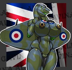 aeromorph aircraft airplane anthro breasts female green_eyes living_aircraft living_machine plane pussy renthedragon royal_air_force spitfire union_jack