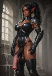 ai_generated armor black_hair cum cum_drip dark_skin elf fantasy flaccid_penis freckles freckles_on_face futanari horse_penis horsecock_futanari magenta_eyes ponytail