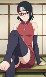 ai_generated armwear bigmic145 black_eyes black_hair boruto:_naruto_next_generations clothed clothed_female clothing female female_only foot_fetish glasses leggings naruto naruto_(series) sarada_uchiha short_shorts shorts solo solo_female thighhighs toeless_legwear