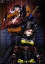 1boy 2girls black_hair bodysuit bondage bound captured captured_heroine cassandra_cain chloroform dc dc_comics deathstroke female femsub fully_clothed gag grabbing lady_shiva medium_hair navel rope sleepycomics superheroine tape tape_gag tied_up tight_clothing unconscious