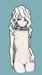 aqua_background aqua_eyes blush collar cropped_legs diana_cavendish female female flat_chest little_witch_academia long_hair looking_at_viewer navel nipples nude pussy simple_background smile solo standing uncensored wabaki white_hair