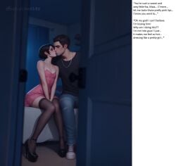 
small_breasts ai_generated bedroom black_hair caption doorway dress english_text feminization flat_chest high_heels kissing looking_through_door maia_(caught) maia_secretivethoughts male/femboy party secretivethoughts_(artist) short_hair sissification sissy stockings taller_male thighhighs tight_clothing visible_penis