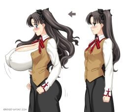 1girls abridged-satoko alternate_breast_size black_hair blue_eyes breast_expansion breasts cleavage fate/stay_night fate_(series) gigantic_breasts huge_breasts large_breasts tohsaka_rin