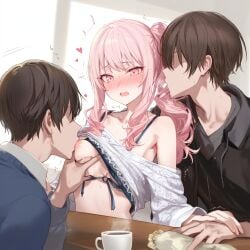 1girls 1other 2boys ai_generated akiyama_mizuki areola areolae belly blush breast_sucking breasts breasts_out clothed clothing exhibitionism female flat_chest flat_chested high_resolution highres naked nipples partially_clothed partially_clothed_female partially_nude partially_undressed pink_eyes pink_hair project_sekai public public_exposure public_humiliation public_indecency public_nudity small_breasts sucking_nipples tits_out tummy