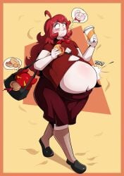 1girls belly big_belly blush button_down_shirt button_pop female fila_(veryfilthything) onomatopoeia red_hair thought_bubble veryfilthything wardrobe_malfunction