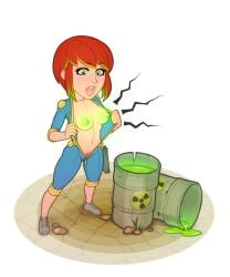 1girls barrel breasts dvoika fallout female glowing_breasts green_eyes human jumpsuit natasha_(fall:out) nipples only_female open_clothes open_mouth pubic_hair radiation red_hair wasteland
