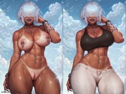 1female 1woman abs absurd_res absurdres ai_generated athletic athletic_female bangs bangs_over_eyes beach big_breasts bikini bracelets choker clothes facing_viewer female female_focus goth iluvhooves jeans large_breasts looking_at_viewer muscular muscular_female muscular_thighs nipples panties pierced_nipples piercing solo solo_female stable_diffusion sweat tagme tan_body tan_skin tanline thick_thighs white_hair white_jeans wide_hips