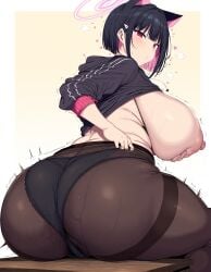 1girls ai_generated ass ass_focus big_breasts black_hair blue_archive breasts cat_ears cat_girl enormous_breasts female female_focus halo huge_ass huge_breasts kazusa_(blue_archive) large_breasts looking_at_viewer red_eyes