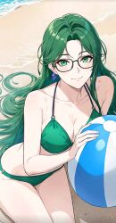 1girls ai_generated beach beach_ball black_glasses earring female glasses green_bikini green_eyes green_hair light_skin long_hair medium_breasts sand smile straight_hair