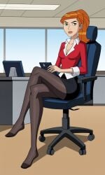 1girls ai_generated ben_10 bigmic145 black_skirt breasts business_suit business_woman female female_focus female_only foot_fetish ginger ginger_hair gwen_tennyson long_hair medium_breasts orange_hair pantyhose red_clothing red_hair shoes