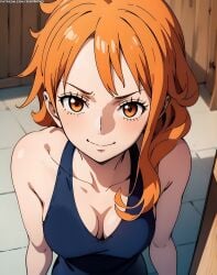 ai_generated bangs bare_arms bare_shoulders blue_tank_top blush breasts brown_eyes clavicle cleavage closed_mouth clothing dress female female_only indoors karmino large_breasts long_hair looking_at_viewer medium_breasts nami nami_(one_piece) one_piece orange_eyes orange_hair short_hair sleeveless smile solo tank_top upper_body