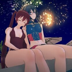 2girls 3d 4th_of_july alternate_costume arm_around_shoulders bare_arms bare_legs bare_midriff bare_shoulders beach bikini blue_bikini blue_eyes blue_hair blue_swimsuit breasts closed_eyes cuddling fefreak726 female female_only fire_emblem fire_emblem_awakening fire_emblem_cipher fireworks hair_between_eyes hand_on_another's_shoulder legs long_hair lucina_(fire_emblem) midriff multiple_girls night nintendo official_alternate_costume one-piece_swimsuit outdoors parasol red_hair red_one-piece_swimsuit red_swimsuit severa_(fire_emblem) shorts shoulders sitting small_breasts smile swimsuit symbol-shaped_pupils tiara twintails umbrella very_long_hair wholesome yuri
