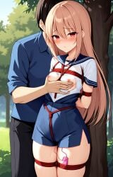 ai_generated blonde_hair bondage bound dubious_consent forced_exposure groping groping_breasts male not_a_shark questionable_consent red_eyes ripped_clothing ropes stable_diffusion thick_thighs tied_to_tree tied_up uniform vibrator