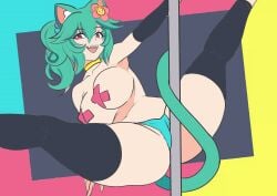 1girls armwear big_breasts cat_ears cat_humanoid cat_tail catgirl collar color erect_nipples green_hair legwear pasties rosedoodle_(vtuber) sketchcolor smiling smiling_at_viewer stevechopz stripper_pole virtual_youtuber vtuber