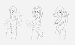 3girls aged_up artist_request ben_10 big_breasts bikini bubble_ass bubble_butt cameltoe crossover gwen_tennyson inspector_gadget jackie_chan_adventures jade_chan looking_at_viewer mangaka_j no_color one-piece_swimsuit penny_gadget phone selfie short_hair sketch smartphone swimsuit twintails