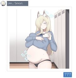 1girls big_belly big_breasts bloated_belly blonde_hair blue_archive blue_eyes blush chat chat_log clothed clothing dog_ears dog_girl female female_only hair_over_one_eye halo holding_breast kanna_(blue_archive) locker_room long_hair mirror_selfie navel one_eye_obstructed outie_navel pregnant selfie text wickedatlas