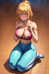 abs ai_generated blonde_hair blue_leggings blush cha_hae_in gym_uniform leggings looking_at_viewer on_knees pink_bra short_hair solo_leveling sports_bra sportswear yellow_eyes