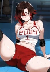 ai_generated bangs basketball black_hair blush cameltoe cleavage dolphin_shorts exercise female grey_eyes knee_pads kneepads medium_breasts midriff navel novelai pale_skin parted_lips propped_up red_hair red_shorts ruby_rose see-through see-through_clothing self_upload short_hair sitting spread_legs squish squished_breasts steam steaming_body sweat text_on_clothing text_on_topwear thighs toned transparent_clothing viriai workout_clothes