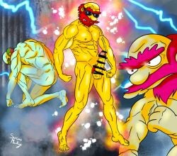 boner censored_penis completely_nude crossover erection glasses groundskeeper_willie kneeling male_only muscular_male nude posing red_hair seriousmonkey the_simpsons the_terminator yellow_body