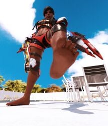 1girls 3d 3d_(artwork) _blumblum abs athletic_female barefoot big_feet black_hair brown_eyes crush crushing dark-skinned_female fit_female foot_fetish foot_focus giantess lifeguard long_toes looking_at_viewer looking_down looming low-angle_view muscular_female overwatch pharah pool presenting_feet soles toes worm's-eye_view