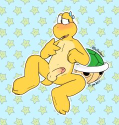 anthro balls barefoot blush casual_nudity erection feet freckled_face freckles genitals green_koopa_troopa hi_res humanoid_genitalia humanoid_penis koopa koopa_troopa male manchotchaud navel nintendo nipples non-mammal_navel non-mammal_nipples nude open_mouth penis reptile scalie solo spread_legs spreading super_mario_bros. tail toes toony