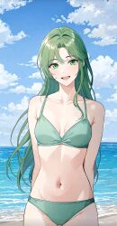 1girls ai_generated beach cloud green_bikini green_eyes green_hair light_skin long_hair open_mouth sea small_breasts smile straight_hair