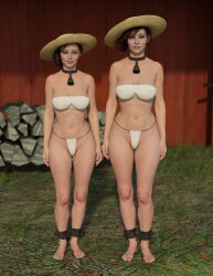 2girls 3d bikini brown_hair collar crabbyoldman multiple_girls original slave slave_collar slavegirl swimsuit white_bikini