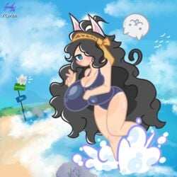 1girls 2021 alternate_breast_size animal_ears artist_signature background bare_arms bare_legs bare_shoulders beach big_ass big_breasts big_butt bimbo black_hair blue_eyes blue_swimsuit blush breast_grab breast_press breast_squeeze breasts cat_ears competition_school_swimsuit detailed_background digital_media_(artwork) fcyrah female female_only huge_breasts kasli_the_scourge large_breasts long_hair looking_at_viewer one-piece_swimsuit pale-skinned_female pale_skin partially_clothed school_swimsuit signature solo solo_female standing tagme tan tan_body tan_skin tanline tanlines tanned the_battle_cats thick_thighs thighs twitter_username wide_hips