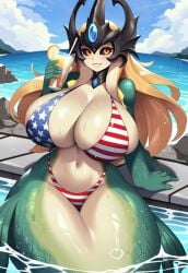 4th_of_july ai_generated american_flag_bikini beach beverage big_breasts bikini black_sclera breasts curvy drink helmet huge_breasts large_breasts league_of_legends looking_at_viewer mermaid nai_diffusion nami_(league_of_legends) orange_eyes pool poolside riot_games smile stable_diffusion