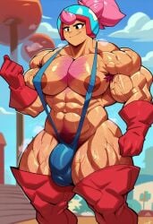 abs ai_generated ambush_(trap) armpit_hair brawl_stars bulge chest_hair extreme_muscles futanari hairy_armpits hairy_arms hairy_chest janet_(brawl_stars) male male_only muscular muscular_futanari muscular_male pink_hair rule_63 slingshot_swimsuit solo