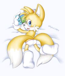 1boy alystaircat animal_crossing ass bed blue_eyes briefs bulge bulge_through_clothing button_nose cheek_tuft footwear fox gloves handjob male male_only nintendo_switch open_mouth pinup pinup_pose sheet_grab sheets shy signature socks solo_male sonic_(series) sonic_the_hedgehog_(series) tails tails_the_fox underwear white_body white_briefs white_fur white_gloves white_socks white_underwear yellow_body yellow_fur