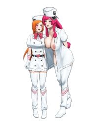 2girls bleach bleach:_the_thousand-year_blood_war blush costume_switch dressing exposed_breasts fully_clothed hair_ornament hat hypnosis inoue_orihime meninas_mcallon nipples open_shirt orange_hair partially_clothed pink_hair smiling