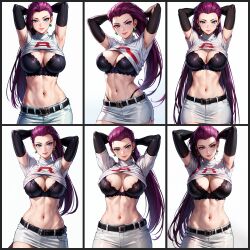 ai_generated big_breasts blue_eyes bra collage jessie_(pokemon) large_breasts long_hair multiple_views pokemon purple_hair