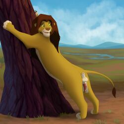 anus balls bodily_fluids claws cum cum_in_ass cum_inside disney erection fan_character felid feline feral genital_fluids genitals hi_res leaning_on_tree lion looking_back male male/male mammal mstrpiece pantherine penile_spines penis presenting solo the_lion_king zilvus